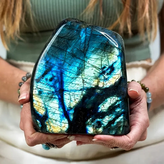 One Bohemian-style rainbow labradorite crystal sculpture - a free-form, three-dimensional gemstone with iridescent emerald hues