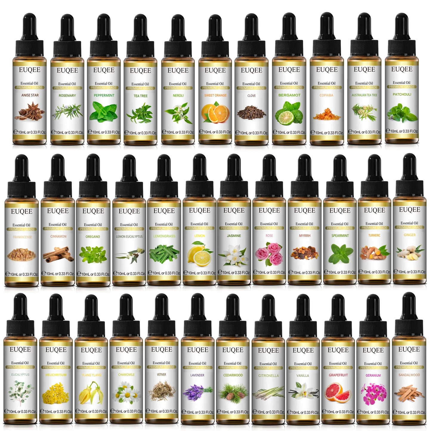 EUQEE 10ml Pure Essential Oil Peppermint Palo Santo Bergamot Eucalyptus Lavender Cinnamon Cedarwood Aromatherapy Essential Oils