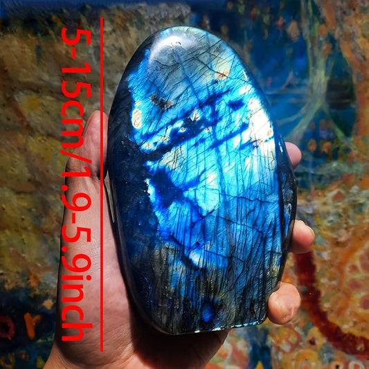 One Bohemian-style rainbow labradorite crystal sculpture - a free-form, three-dimensional gemstone with iridescent emerald hues