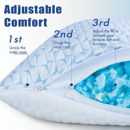 Shredded Memory Foam Pillows Queen/King Size Set of 2 Firm, Adjustable Cooling Pillow for Side Sleeper, Supportive Fluffy Pillow