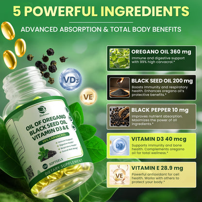 Lukaree Organic Oregano Oil Capsule with Black Seed Oil, Ultra-Concentrated 99%,for Immune, Respiratory,Digestive & Antioxidant