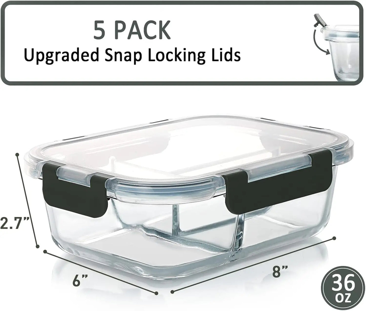 5-Pack 36 oz Glass Meal Prep Containers with Lids, 3 Compartment Lunch Box for Microwave, Oven, Freezer & Dishwasher (4.5 Cups)