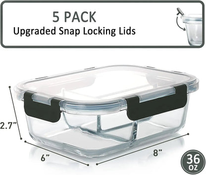 5-Pack 36 oz Glass Meal Prep Containers with Lids, 3 Compartment Lunch Box for Microwave, Oven, Freezer & Dishwasher (4.5 Cups)