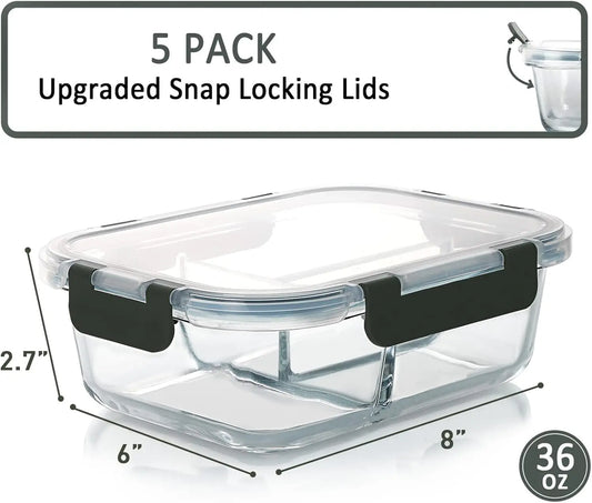 5-Pack 36 oz Glass Meal Prep Containers with Lids, 3 Compartment Lunch Box for Microwave, Oven, Freezer & Dishwasher (4.5 Cups)