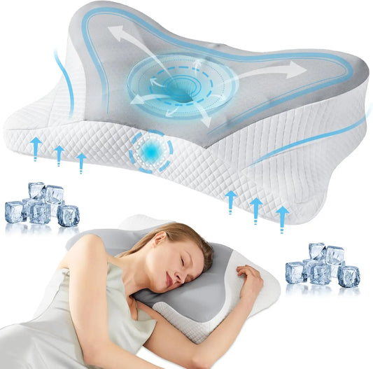 Cooling Ergonomic Memory Foam Pillow for Neck Pain Relief, Dual Height Support for Side, Back, Stomach Sleepers, Grey