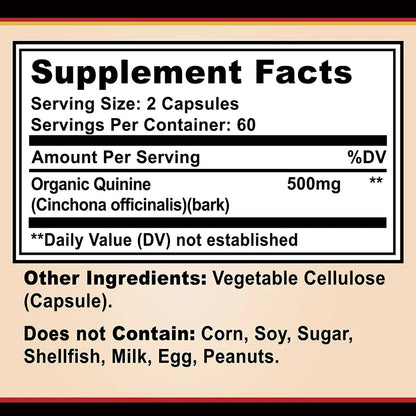 Quinine Capsules - Relieves Leg Cramps, Supports Digestion, Muscle Health, Boosts Immunity - 120 Capsules