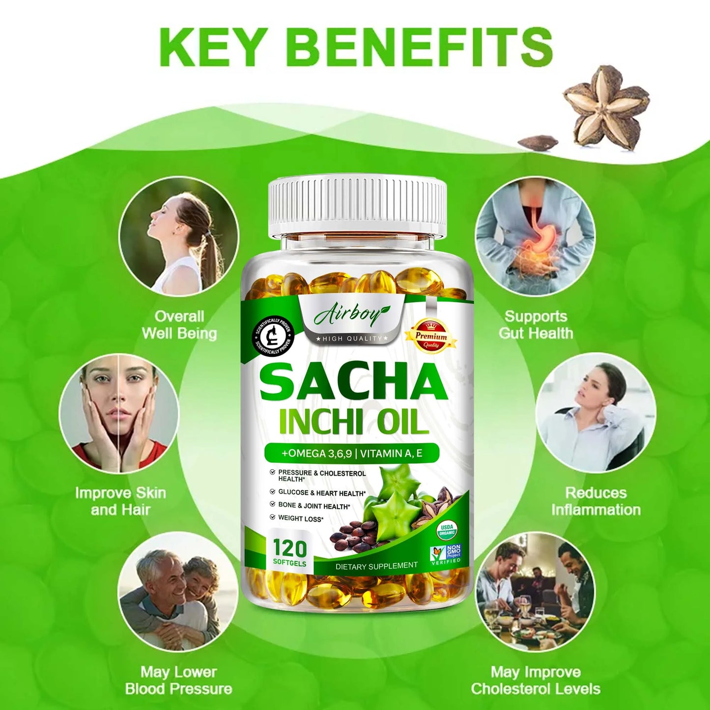 Sacha Inchi Oil - Rich In Omega - 3,6,9 - Supports Brain, Heart, Gut, Skin Health - 120 Capsules